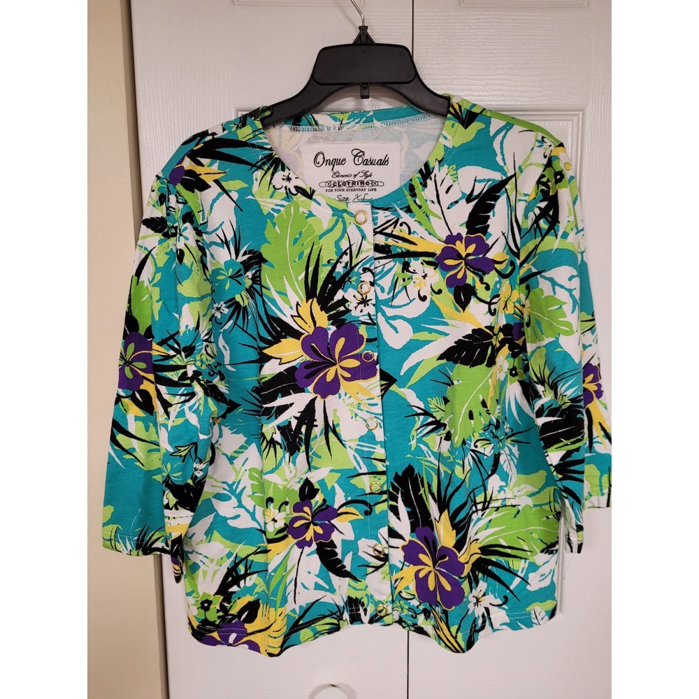 Onque Casuals Floral Cardigan Womens XL Button Up 3/4 Sleeve‎ Tropical Vacay